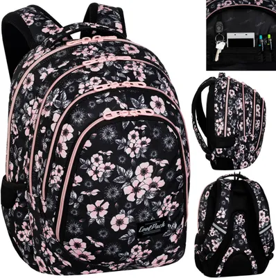 A collage of images showing a floral backpack from different angles, including a close-up of its interior pocket.