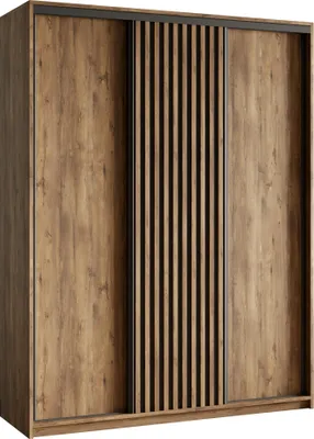 Produktbild von Masseno Schiebetürenschrank VONTE 150/205/60 cm Kleiderschrank mit Lamellen und Schubladen Schlafzimmer Schrank 3-türig Eiche Lefkas + Schwarz