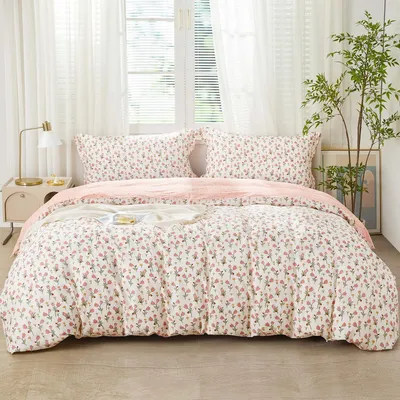 Immagine prodotto di Set di lenzuola matrimoniali 200x220 cm, rosa, motivo floreale, 3 pezzi, cotone, con cerniera