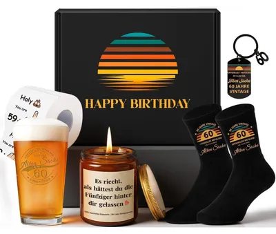 Produktbild von Geschenkset 60. Geburtstag für Männer mit Bierglas, Kerze, Socken & Toilettenpapier