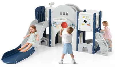 Produktbild von COSTWAY Kinder Rutsche faltbar, 10in1 Kleinkinderrutsche mit Basketballkorb, Tafel, Wurfspiel, Teleskop & Stauraum, Kinderspielplatz Indoor/Outdoor 3+