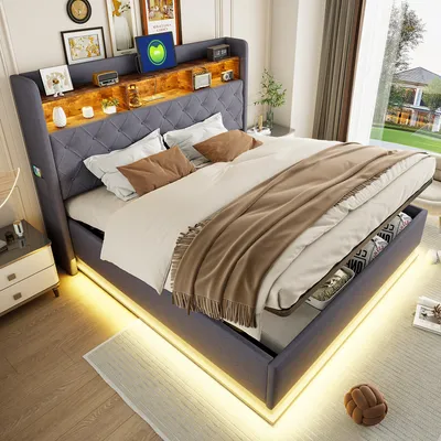 Produktbild von STILVORA Polsterbett 180x200 mit Bettkasten,Stauraumbett Bettgestell mit LED-Nachttisch,Jugendbett mit USB,Leinenstoff,Grau (Ohne Matratze)