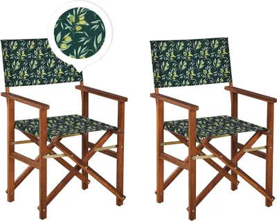 Produktbild von BELIANI Gartenstühle 2er Set Dunkles Akazienholz mit 4 Wechselbaren Stoffbezügen Cremeweiß und Grün mit Olivenmuster Zusammenklappbar Outdoor Garten