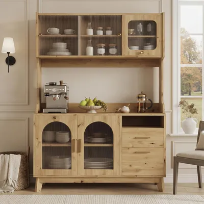 Produktbild von Flieks Esszimmer-Hochschrank mit mehrstufigem Stauraum, Buffetschränke mit integrierter Steckdose, Highboard 120x40x178cm, Holzfarbe