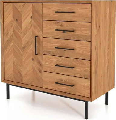 Produktbild von Kommode Seiba Wildeiche massiv 97x45x95 mit 1 Tür 5 Schubladen Fischgrätmuster