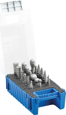 Produktbild von PFERD HSS Frässtift Set 83 18-tlg. Zahnung 3 Ø 12/8/6mm Schaft-Ø 6mm universal mittel fein, Hochgeschwindigkeitsstahl (HSS), Eisenguss, 1 Stück(e)