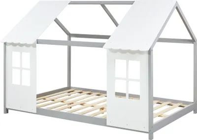 A children's house-shaped bed frame with a slatted base, shown against a white background.