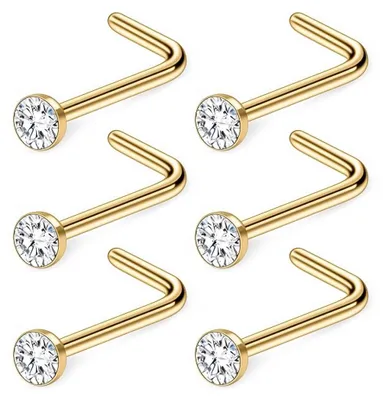Nasenpiercing-Set, 6 Stück, L-förmig, Gold, 0,8 mm x 7 mm