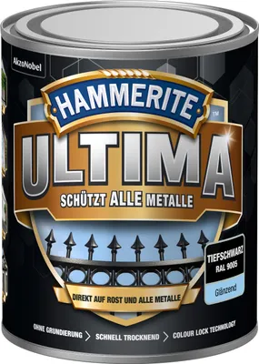 Produktbild von Hammerite Metallschutzlack Ultima Glänzend, Hochwertiger Schutzlack für alle Metalle im Außenbereich, Tiefschwarz, RAL 9005, 750 ml