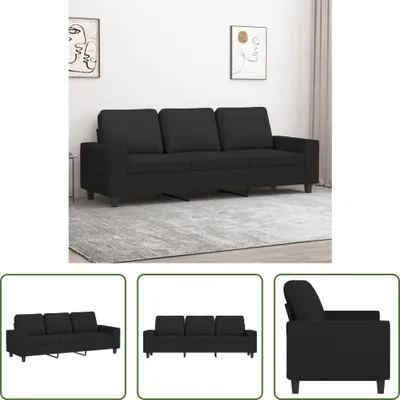 A collage of images showing a black fabric sofa from different angles, including a room setting and close-ups.