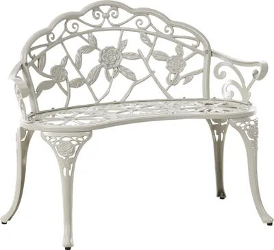 A white metal garden bench with ornate rose detailing.