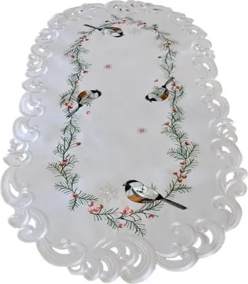 Immagine prodotto di Tovaglia, tovaglia natalizia con ricamo, ovale 40x110 bianco, uccelli, cinciallegre 170