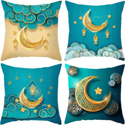 Immagine prodotto di Set di 4 federe per cuscini Ramadan, federe decorative Eid Mubarak, ornamenti per la casa, federe, blu, 45 cm x 45 cm