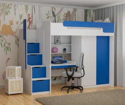 Produktbild von Hochbett DORIAN mit Schreibtisch und Schrank in blau