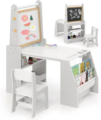 Imagen del producto de Juego de mesa y silla infantil de madera con caballete, mesa de dibujo para niños con pizarra de doble cara, rollo de papel, bolsas de almacenamiento, juego de mesa y silla para niños y niñas a partir de 3 años (gris)