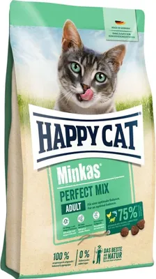 A bag of Happy Cat Minkas Perfect Mix cat food.