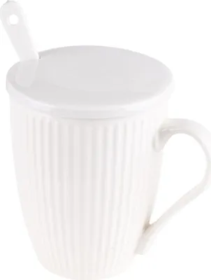 Obrázok produktu pre PRIMA DECO porcelánový pohár s viečkom a rebrovanou lyžičkou 360 ml na kávu alebo čaj, darček
