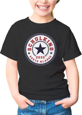 Produktbild von Kinder T-Shirt Mädchen Schulkind 2022 erste Klasse Stern Geschenk zur Einschulung Schulanfang Moonworks® schwarz 122-128 (7-8 Jahre)
