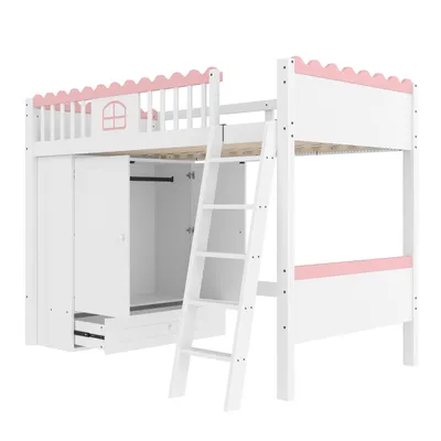 Produktbild von Flieks Etagenbett 90x200cm mit Kleiderschrank, Kinderbett Hausbett mit Leiter, Hochbett mit Rausfallschutz, Holzbett Einzelbett, Weiß