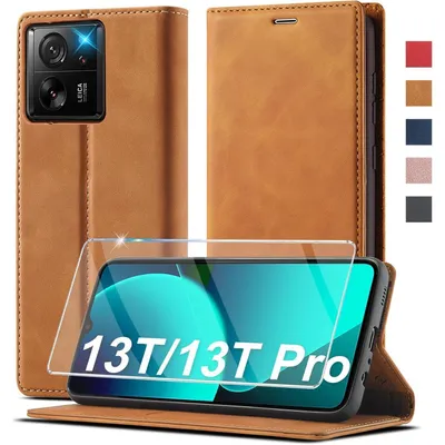 Immagine prodotto di Custodia in pelle pieghevole per Xiaomi 13T/13T Pro, colore marrone, con pellicola protettiva