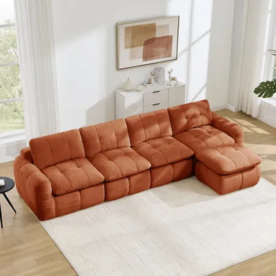 Immagine prodotto di Divano modulare a forma di L, con 4 posti, rivestito in tessuto Karostepp e chenille, ampia seduta, poggiapiedi integrato, non richiede montaggio (arancione)