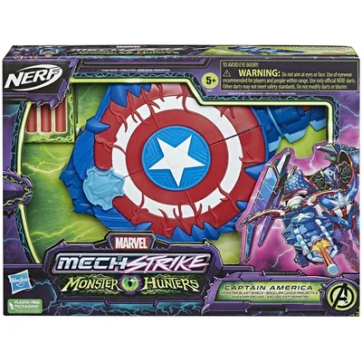 The image shows the packaging of a Captain America Mech Strike Monster Hunters toy.