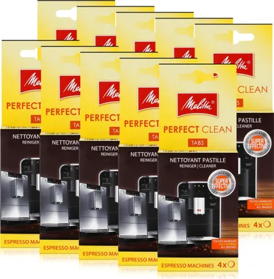 A collage of Melitta Perfect Clean cleaning tabs packaging for espresso machines.