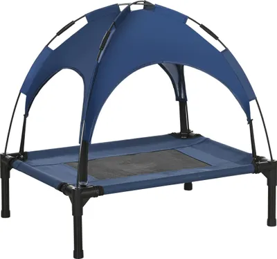Produktbild von PawHut Erhöhtes Hundebett mit Baldachin, Haustierbett mit UV-Schutz, Hundeliege Outdoor mit Dach, Atmungsaktiv, Taftstoff für Camping Dunkelblau 61 x 46 x 62 cm