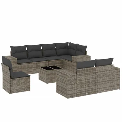 Produktbild von vidaXL 9-tlg. Garten-Sofagarnitur mit Kissen Grau Poly Rattan