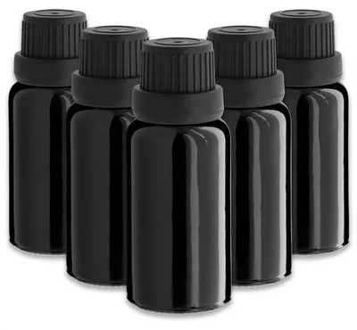 Produktbild von 5x Schwarze Glasflasche 20 ml mit schwarzem Tropfer leere Tropfflasche