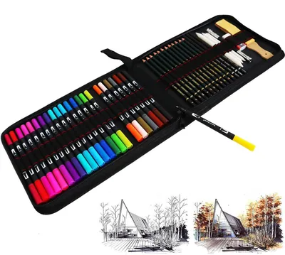 Zdjęcie produktu dla Zestaw akwarelowych pisaków, pędzlowych pisaków, cienkopisów, kredek do szkicowania i kredek grafitowych – 24 kolory. Zestaw zawiera również torbę