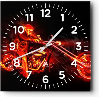Produktbild von Wanduhr - Quadrat - Glasuhr - Flammen Motorrad Skelett - 30x30cm - Schleichendes Uhrwerk - Lautlos - zum Aufhängen bereit - Dekoration Modern - Wanddekoration aus Glas - C4AC30x30-0148