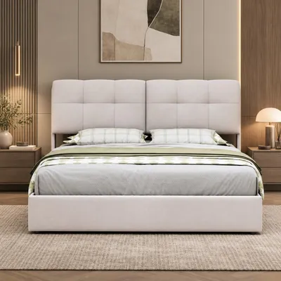 Image de INONEFT Lit hydraulique avec sommier à lattes, 160x200 cm, avec éclairage LED et ports USB, lit pour adolescents avec espace de rangement, lit double avec tête de lit et sommier à lattes, en velours, couleur beige, Image générée par une IA