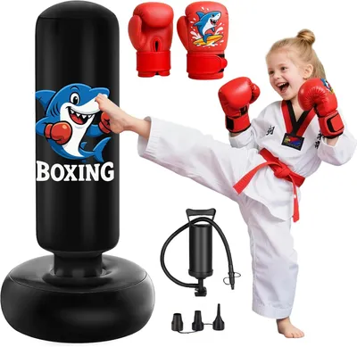 Produktbild von Boxsack für Kinder 130 cm, 1 Paar Handschuhe, aufblasbar, Kampfsport