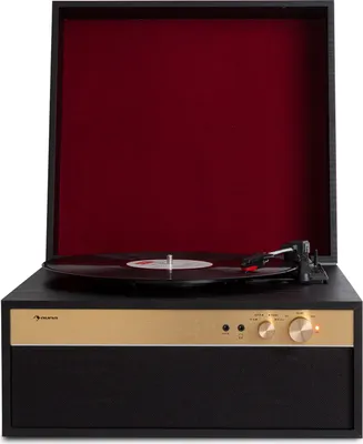 A vintage-style record player with its lid open, showing the turntable and tonearm.