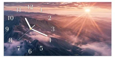 Produktbild von Wanduhr aus Glas mit Motiv Sonnenaufgang Berge- 60 x 30 cm - inkl. Aufhängesystem