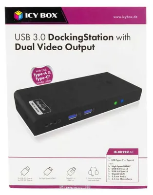 Produktbild von ICY BOX IB-DK2251AC, DisplayLink® USB 3.2 Gen 1 Notebook DockingStation, 2x HDMI® bis zu 2K@60 Hz, Kabelgebunden, USB 3.2 Gen 2 (3.1 Gen 2) Type-A, 3,5 mm, 10,100,1000 Mbit/s, Schwarz, 5 Gbit/s