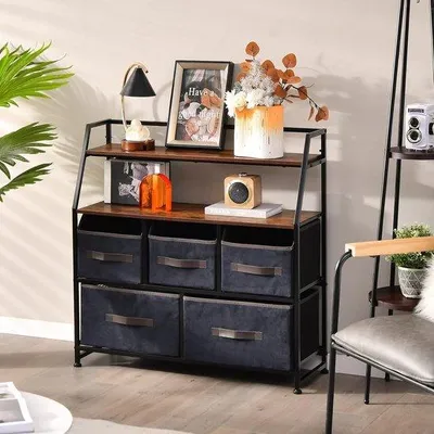 Immagine prodotto di Mobile contenitore industriale con scomparti per tessuti, cassettiera indipendente per tessuti con ripiano e schermo ribaltabile, cassettiera a 5 cassetti per soggiorno e camera da letto