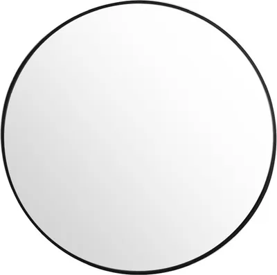 A round mirror with a black metal frame on a white background.