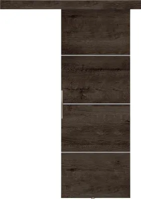 A sliding door with a dark wood grain finish, divided into four panels by thin silver strips. The door is shown partially open, revealing a white background.