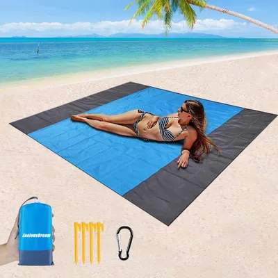 Produktbild von Faltbare, sandabweisende Strandmatte (200 x 200 cm), wasserdichte Strandmatte, sandfreie Stranddecke, Strandtuch mit 4 Heringen für Strand, Camping, Wandern und Picknick