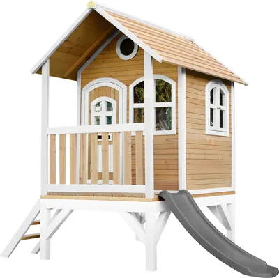 Obrázek produktu pro AXI Classic Tom Playhouse Brown/white - Grey slide, Domeček na hraní na sloupcích, 2 rok/roky, 1 dveře/dveří, Skluzavka, Hnědá, Šedá, Bílá