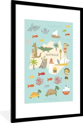 Produktbild von MuchoWow® MuchoWow® Gerahmtes Poster Weltkarte Kinder - Australien - Tiere 60x90 cm - Poster mit zchwarzem Bilderrahmen - Dekoration - Wandposter Wohnzimmer - Hochwertig