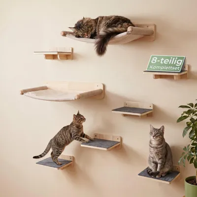 Produktbild von WOOWOOD Katzen Kletterwand 8-teilig, 2 Hängematten, 6 Katzentreppen XL
