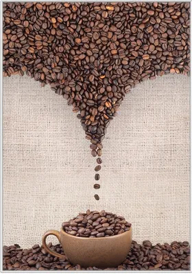 Produktbild von Wallario Wandbild Tasse mit Kaffeebohnen - Kaffeedesign, Größe: 70,30 x 100,30 cm, Poster mit weißem Kunststoffrahmen