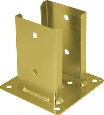A golden metal post base bracket is shown against a white background.