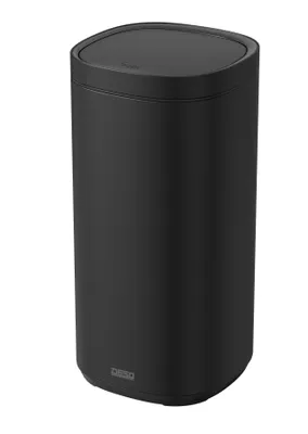 A black trash can with a lid.