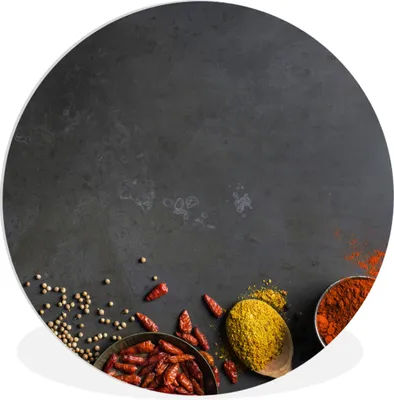 Produktbild von MuchoWow® Rundes Wandbild - Runde Bilder Kräuter - Lebensmittel - Gewürze - Schwarz - Paprika - Zimt Ø 60 cm Kreis Wanddekoration Kunststoff - Wandkreis - Wandschmuck - Wand Kreis - Das Schlafzimmer - Die Bilder - Wandmalerei - Kunst für das Haus - das Plastik