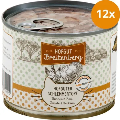 Produktbild von Hofgut Breitenberg Hofguter Schlemmertopf, Adult, jede Rasse, Brokkoli, Huhn, Tomate, Truthahn, 180 g