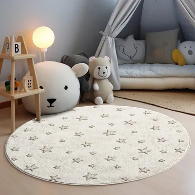 Produktbild von Kinderteppich Creme, Beige - 120x120 cm Rund - Sterne Muster - Kinderzimmerteppiche